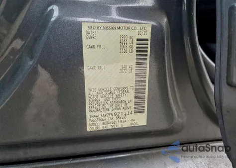 2015 Nissan Altima 2.5 z USA, uszkodzony, nr VIN 1N4AL3AP2FN921114